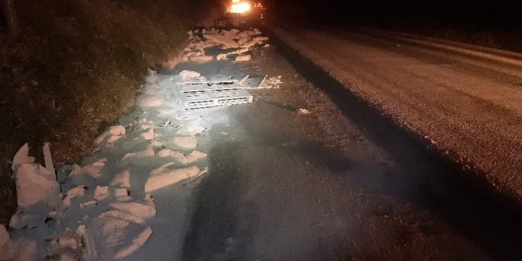 A carga de cimento saiu sobre a pista da BR-277 após o caminhão perder o controle do caminhão e sair da pista.
Foto: Colaboração