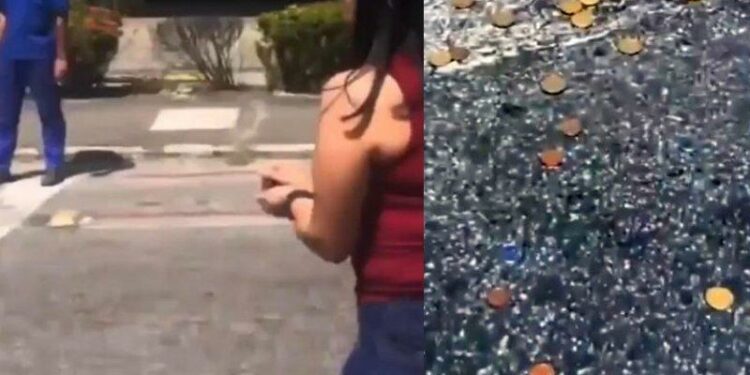Vídeo mostra o momento em que pedestres recolhem as moedas na rua e levam de volta para o entregador - Foto: reprodução / redes sociais