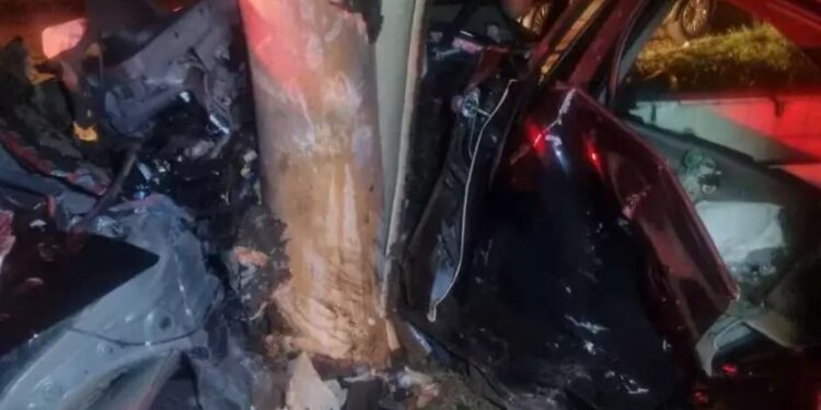 Carro bateu contra árvore após derrubar poste e ponto de ônibus. (PRE/Divulgação)