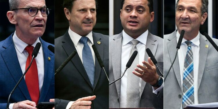 Contarato, Gurgacz, Weverton e Barreto têm projetos para coibir agressões a profissionais da imprensa. - Montagem/Agência Senado