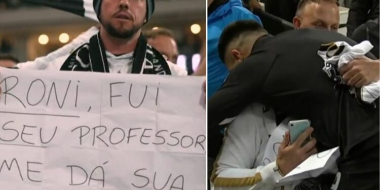 O jogador Roni fez questão de pular o alambrado da arquibancada e abraçar fortemente seu eterno professor - Fotos: Reprodução/vídeo