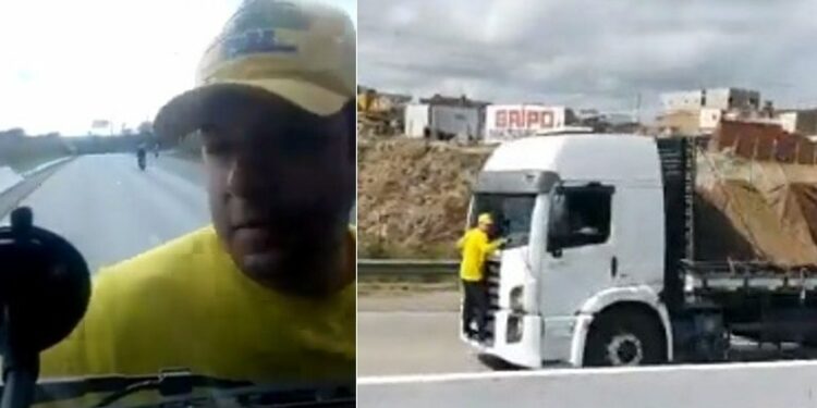 Manifestante pula em capô de caminhão para tentar impedir passagme em bloqueio. (Foto: Reprodução / Twitter)