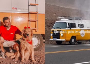 Kombi de empresário curitibano que viaja com cachorro pela América do Sul pega fogo; veja