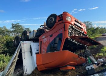 Paraná: Carreta carregada de frango capota na BR-163; condutora ficou ferida
