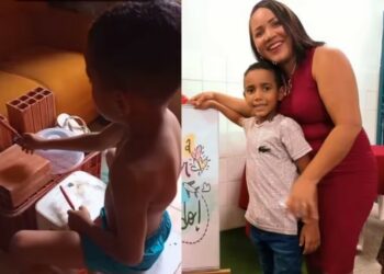 Menino de 8 anos toca bateria improvisada com balde e tijolos e impressiona. Vídeo