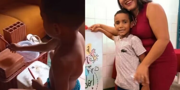 O menino tem apenas 8 anos e arrasa em uma bateria improvisada com balde e tijolos - Fotos: reprodução Instagram