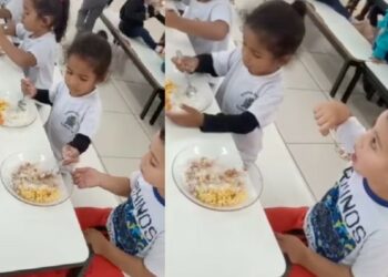 Menina ajuda amiguinho autista a comer na escola e vídeo bate 3M. Assista