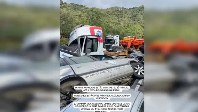Surfista carioca a caminho de competição em SC tem carro destruído por carreta na BR-376, mas sai ileso de acidente. Foto: Reprodução/Instagram @theofresia