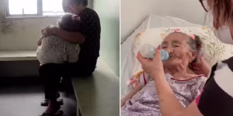 O vídeo da filha ninando a mãe com Alzheimer foi gravado por uma enfermeira do hospital de Campina Grande, na PB. - Fotos: reprodução / Instagram @secsaudecg
