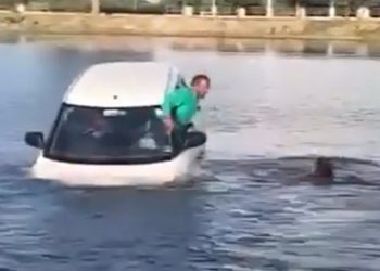 Aluno de autoescola confunde pedais e “estaciona” carro em lago; vídeo