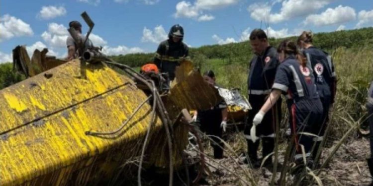 O avião caiu em uma área de brejo e ficou destruído (Foto: @IagoSincero/Facebook)