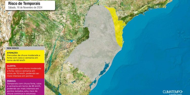 Áreas em amarelo serão atingidas por ventos fortes (Foto: Clima Tempo)