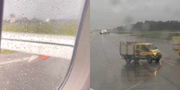 Fogo em turbina de avião assustou passageiros no aeroporto de Florianópolis. (Foto: Reprodução/Redes Sociais)