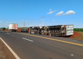 Norte Pioneiro: Caminhão frigorífico sai da pista e tomba em trecho da BR-369