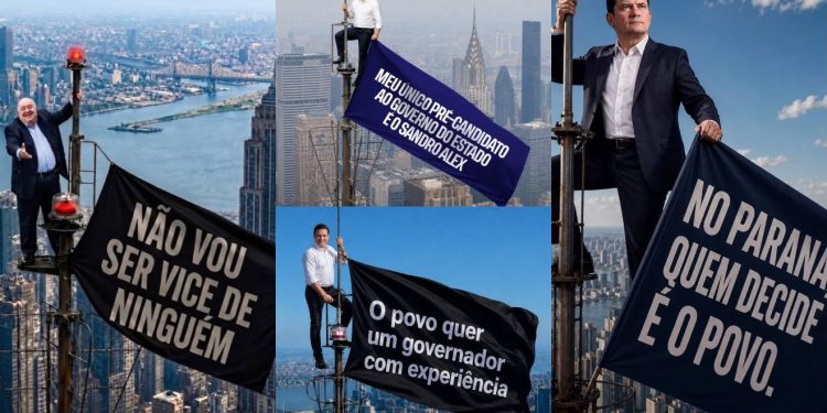 Greca, Ratinho, Moro e Sandro Alex usaram imagens geradas por IA para mandar recados em meio à disputa pela sucessão estadual (Fotos: Divulgação/Redes sociais)